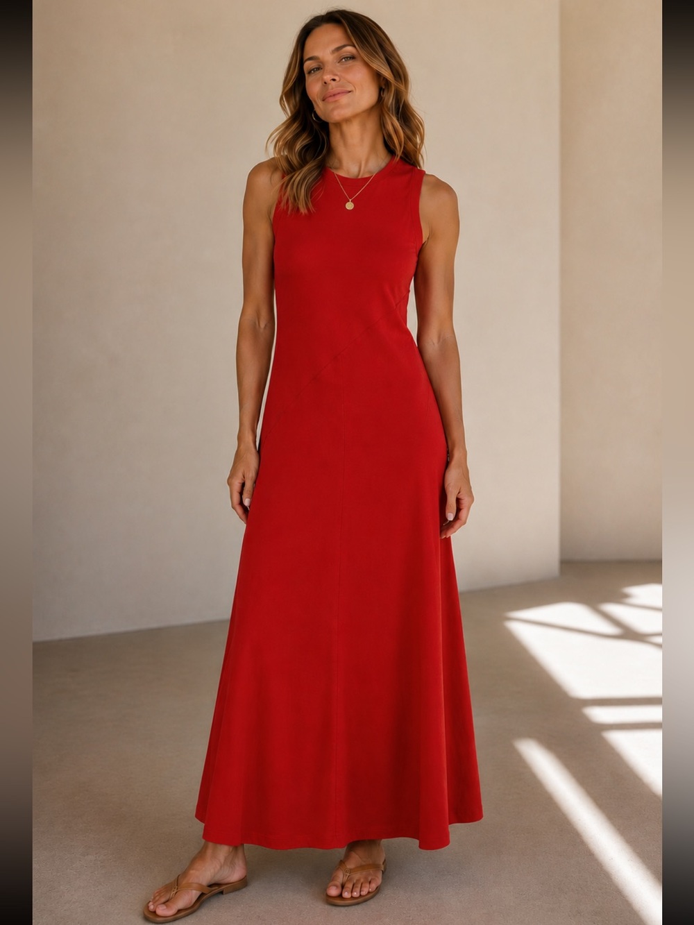 DKNY Sz S Tomato Red Cotton Jersey Fit & Flare Maxi Dress High Neck Like New